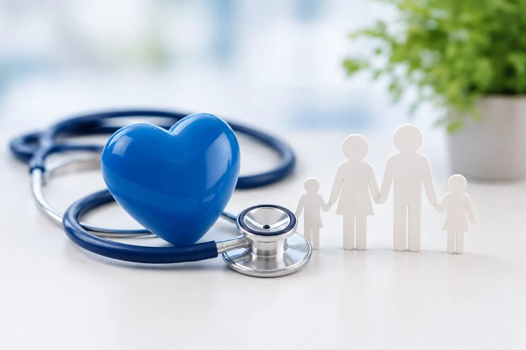 Family health insurance protection concept with blue heart, stethoscope and parents with children representing medical coverage in Kerala