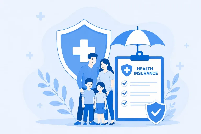 Health insurance family protection illustration in light blue theme