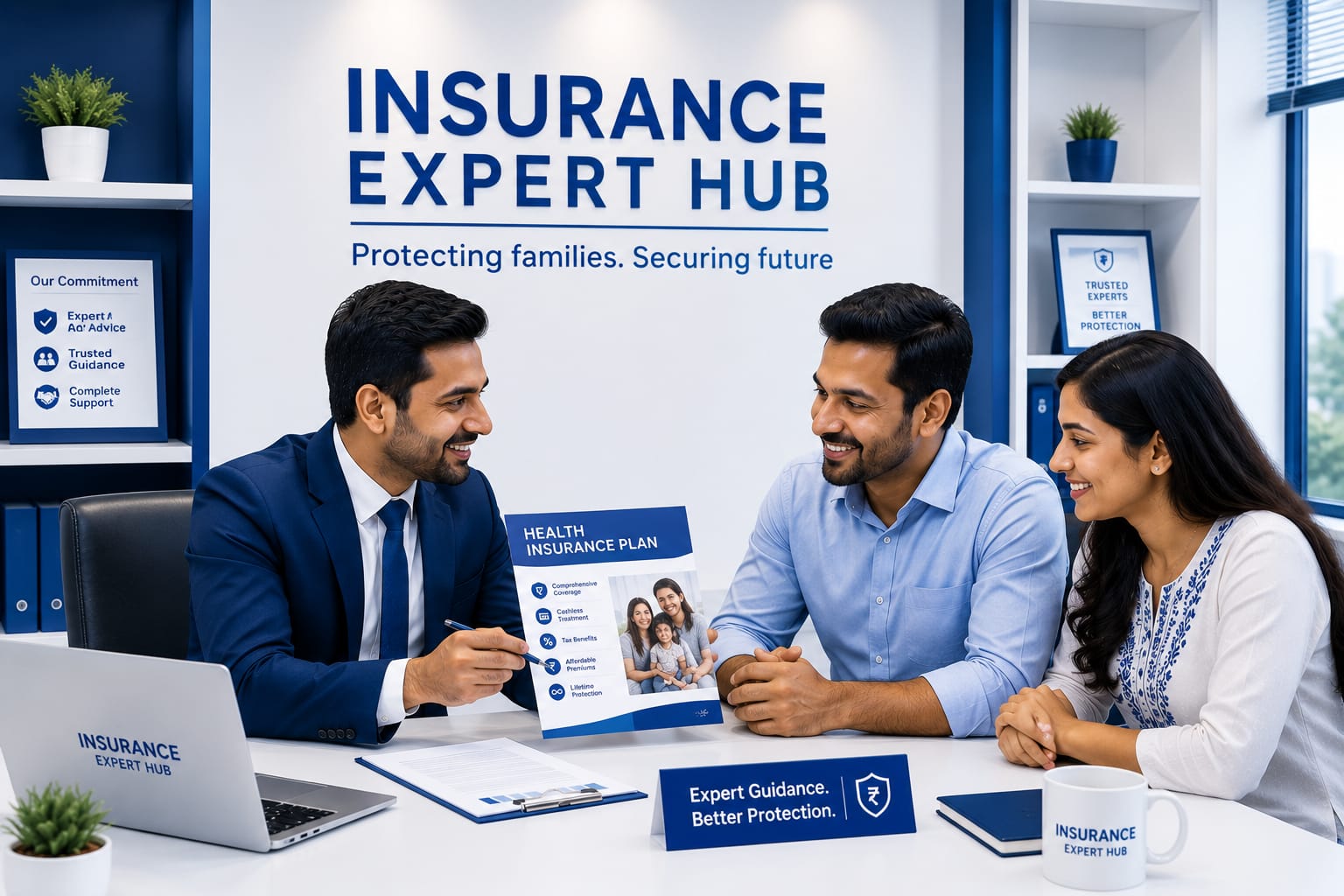 Professional health insurance advisor providing expert insurance guidance to an Indian family at Insurance Expert Hub, helping secure their future and financial protection.