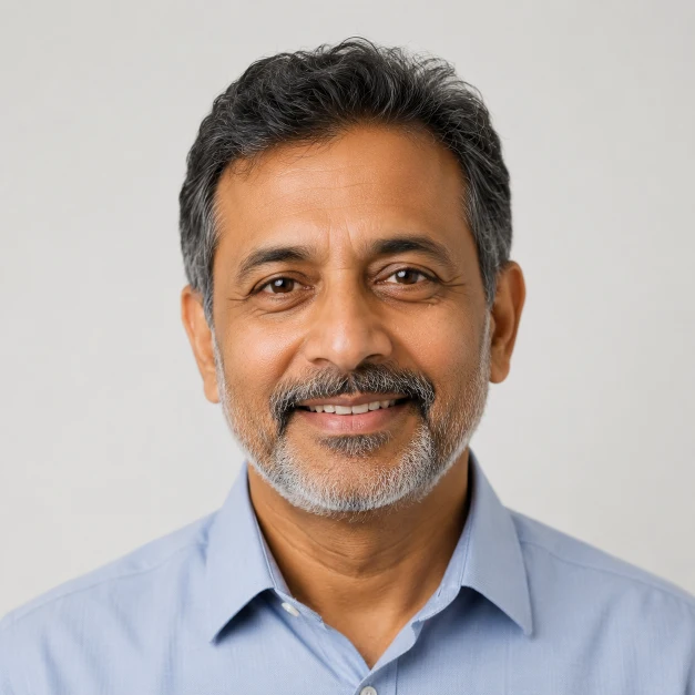 Smiling Indian man in his 50s with gray hair and beard, wearing a light blue shirt on a light background.