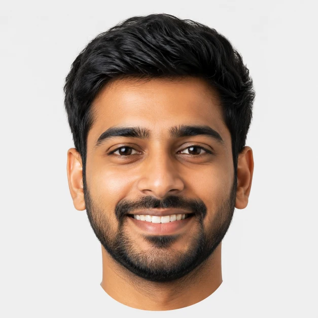 Smiling Indian man headshot on a light background.