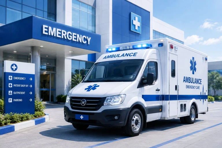 White ambulance with emergency lights at hospital emergency department showing emergency care services