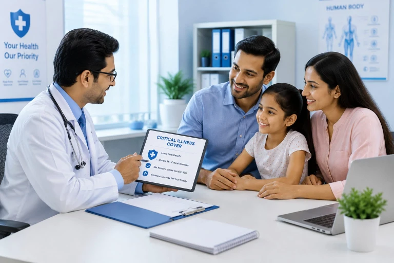 Doctor explaining critical illness insurance cover to Indian family in clinic, showing tablet with lump sum benefit, 36+ illnesses covered, tax benefits under section 80D and financial security