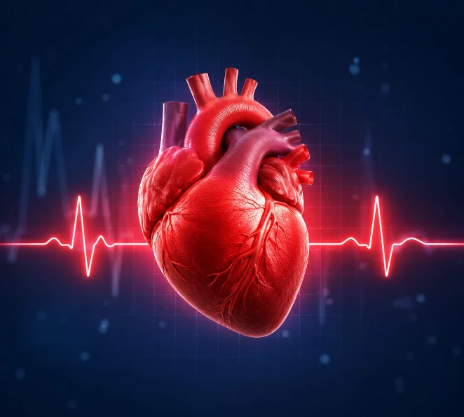 Critical illness insurance coverage for heart attack and cardiac health with 3D human heart and ECG line