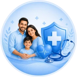 Smiling Indian family of 3 with father, mother and son standing together with blue medical shield, heart with ECG line, and stethoscope representing critical illness insurance coverage and family health protection