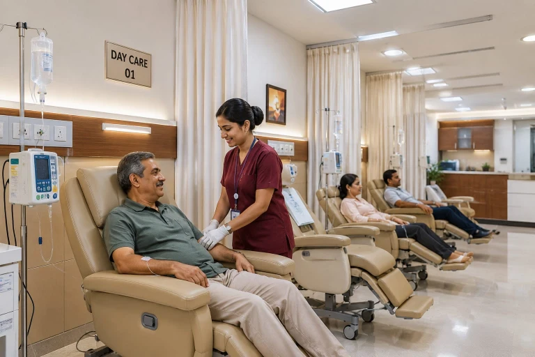 Day care procedure room with patients in recliner chairs receiving IV treatment covered in health insurance