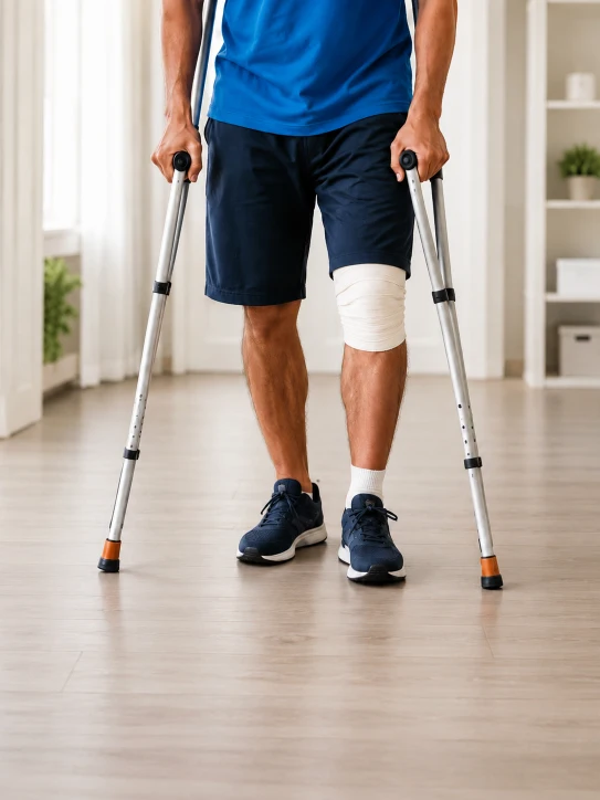 Person using crutches with a bandaged knee after a fracture, representing personal accident insurance fracture coverage and recovery support.