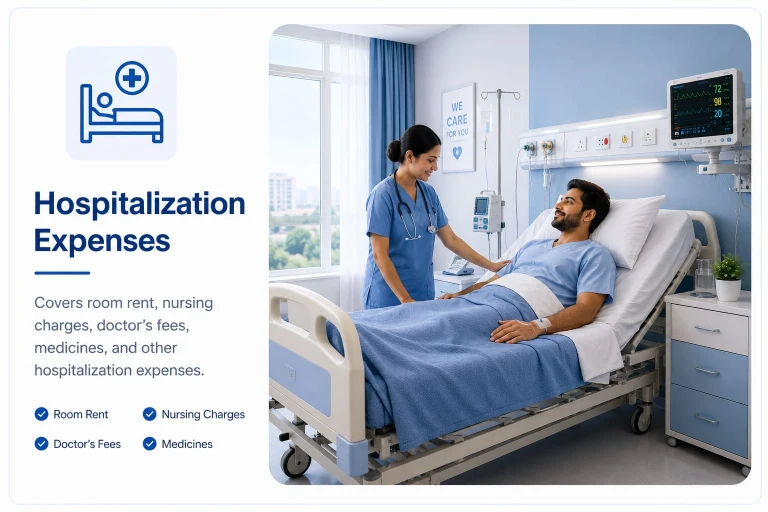 Hospitalization expenses covered under family floater health insurance including room rent, nursing care, doctor fees and patient in a modern hospital room.