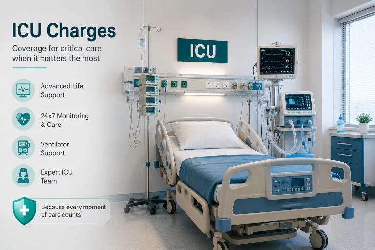 ICU charges coverage with advanced life support, ventilator support and 24x7 monitoring in intensive care unit