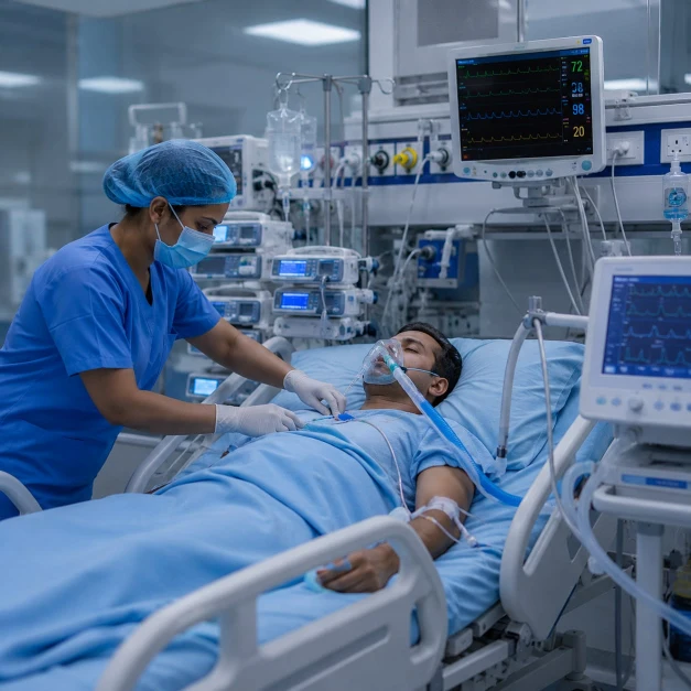 ICU patient receiving critical care treatment in hospital with nurse monitoring vital signs, covered under group health insurance