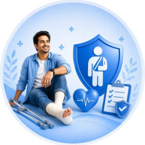 Man with leg cast and crutches sitting next to individualpersonal accident insurance protection shield and medical icons