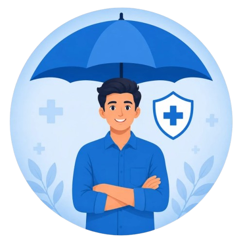 Flat vector illustration of a person in blue shirt with arms crossed under a blue umbrella, medical shield and plus signs in background symbolizing individual health protection