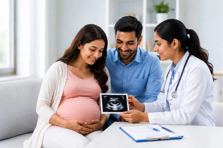 Doctor showing ultrasound to happy pregnant couple during maternity health insurance consultation