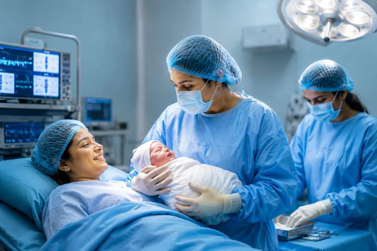 Maternity health insurance covering normal and C-section delivery with medical team supporting mother and newborn in hospital
