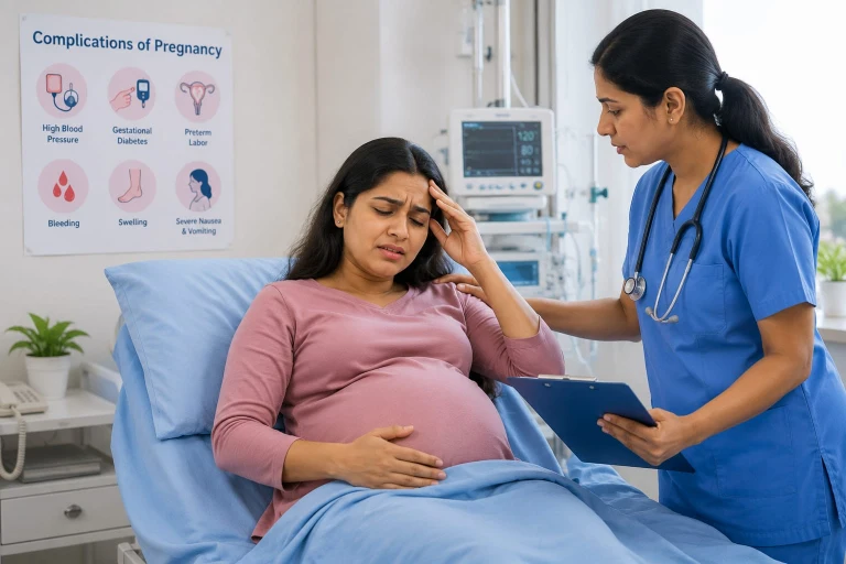 Pregnant woman receiving care for pregnancy complications covered by maternity health insurance plan