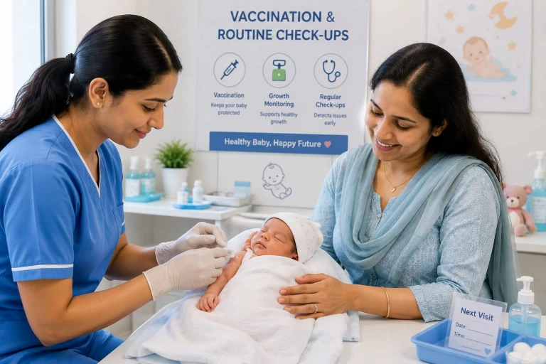 Nurse giving vaccination to newborn while mother holds baby in clinic - vaccination and routine check-ups covered in maternity health insurance