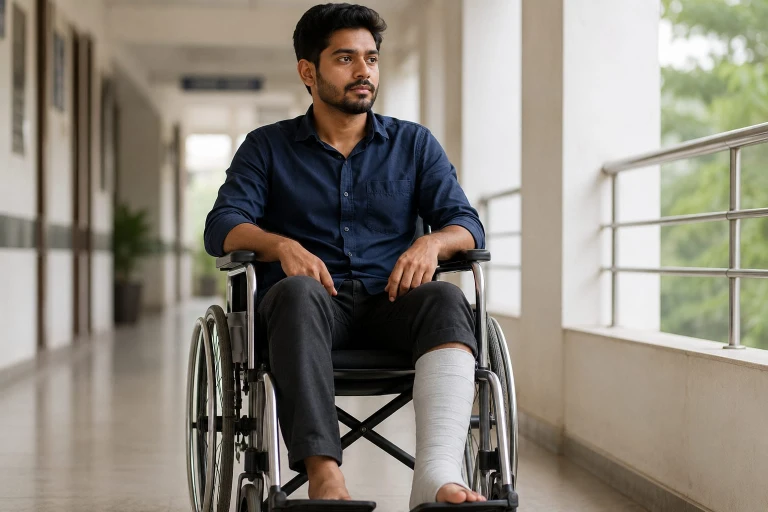 Man with leg cast in wheelchair for personal accident insurance coverage