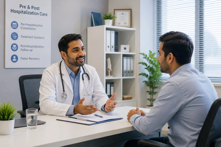 Doctor and patient discussion about pre and post hospitalization care including consultation, treatment guidance and follow-up covered in health insuranceOption 3: Short
