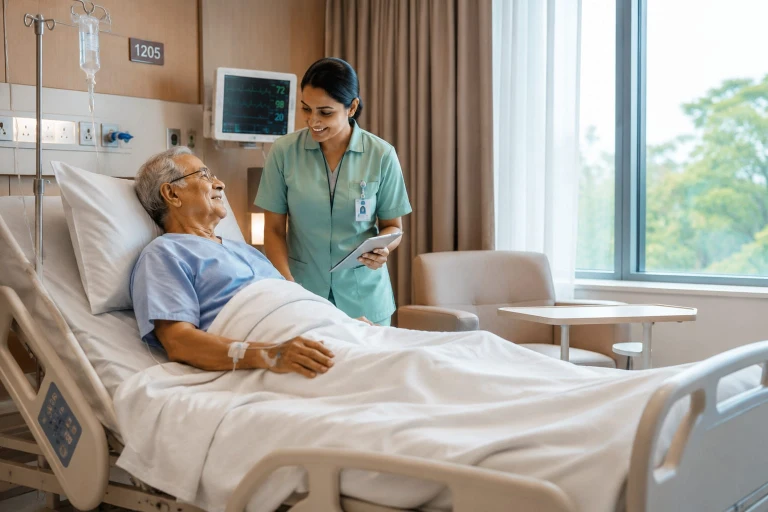 Senior citizen hospitalized in a modern private hospital room receiving medical care under senior citizen health insurance coverage.