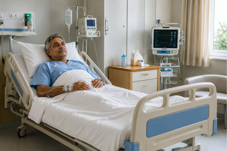 Senior patient resting in hospital bed receiving treatment covered by top-up health insurance