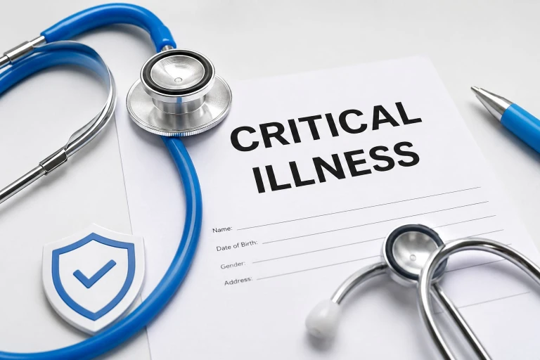 Critical illness document with stethoscope and shield icon representing top-up health insurance coverage