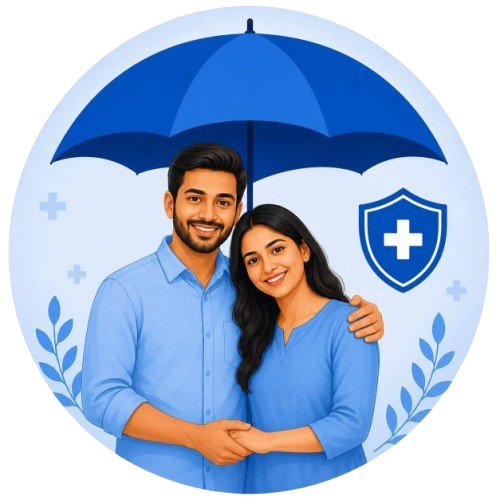 Illustration of happy couple under blue umbrella with medical shield icon representing top-up health insurance protection and coverage