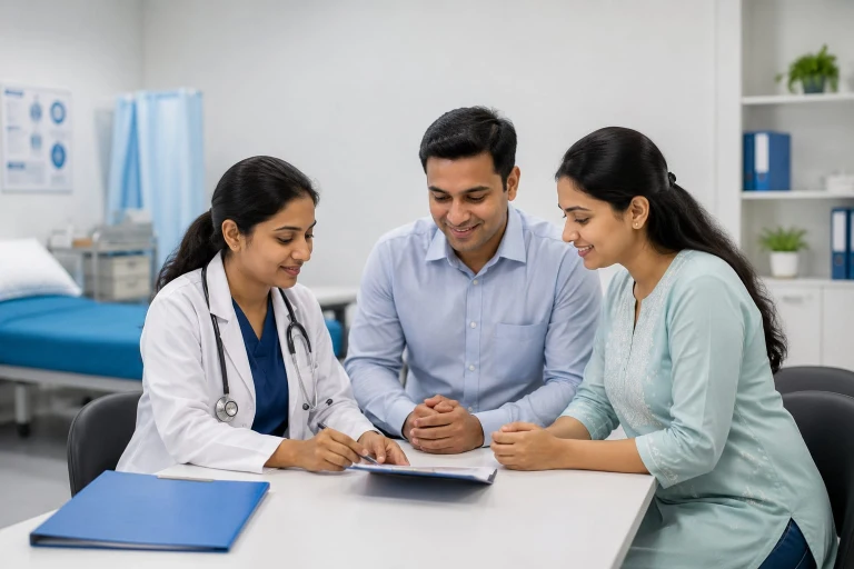 Doctor consulting with couple about day care procedure treatment covered under group health insurance plan