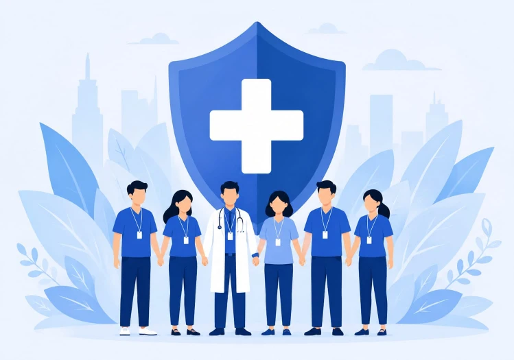 Illustration of healthcare team and employees protected by health insurance shield for group health insurance coverage