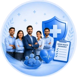 Corporate team with group health insurance shield, checklist, and family protection icon representing employee health coverage