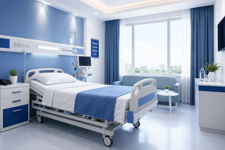Clean and spacious hospital room with bed, sofa and TV showing room rent coverage benefit in i