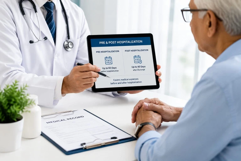 Doctor explaining pre and post hospitalization health insurance benefits to senior patient - covers up to 60 days before and 90 days after hospitalization