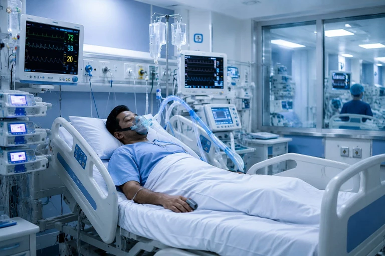 Patient on ventilator in ICU room receiving intensive care covered by top-up health insurance