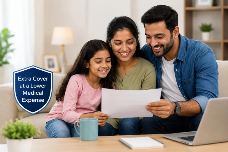 Indian family of 3 reviewing health insurance documents at home with badge showing extra cover at lower medical expense for top-up insurance