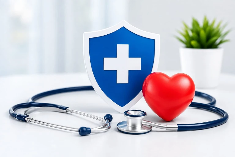 10 benefits of health insurance with medical shield, stethoscope and heart symbol