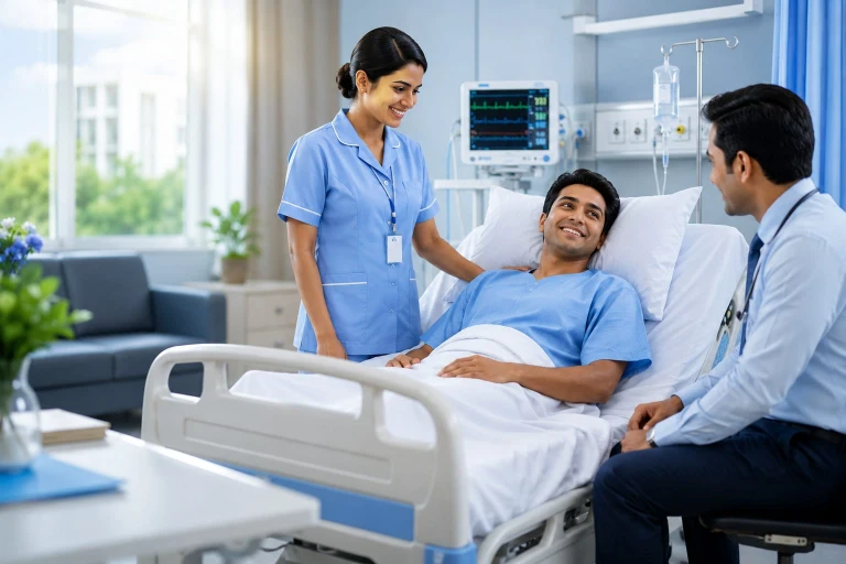 Patient recovering in hospital bed with doctor and nurse, illustrating cashless hospitalization in health insurance in India